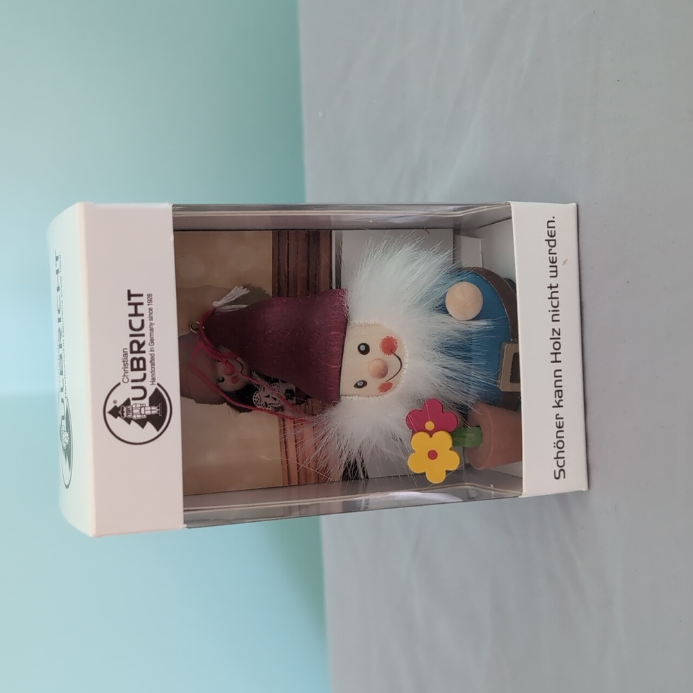 German Made Wooden Gnome with Flowers Ornament New in Box